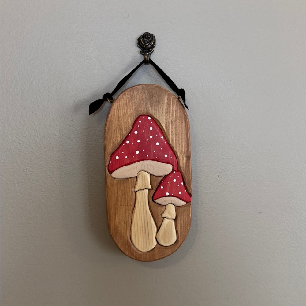 Wooden Wall Hanging with Red Mushrooms